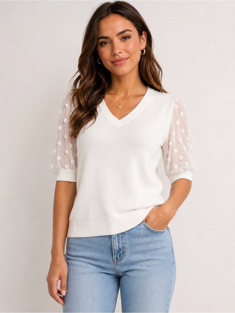 Adrianna Papell White Swiss Dot Sleeve Knit Top Estimated Size L